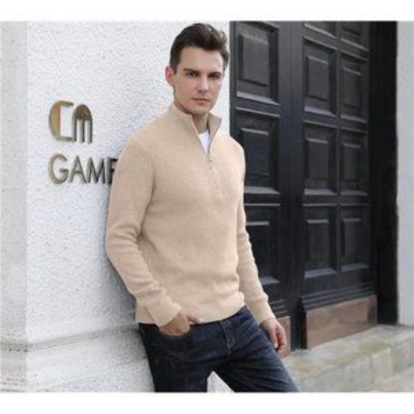 New Men's Soft Sweaters Ribbed Turtleneck Beige - Picture 6 of 7